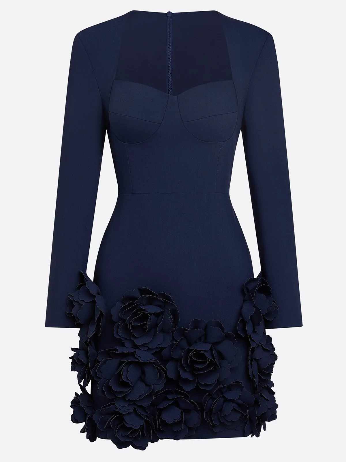 Navy Blue 3D Floral Classic Sweetheart Neckline Long Sleeve Sheath Mini Dress