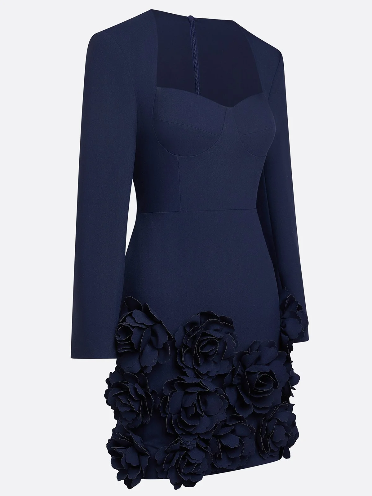 Navy Blue 3D Floral Classic Sweetheart Neckline Long Sleeve Sheath Mini Dress