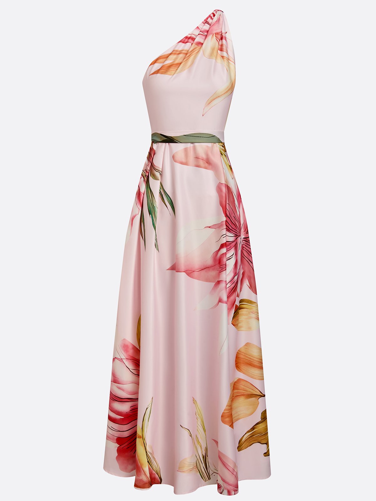 Pink Floral Satin One Shoulder Sleeveless A-Line Floor-length Gown With  Pockets | fehaute