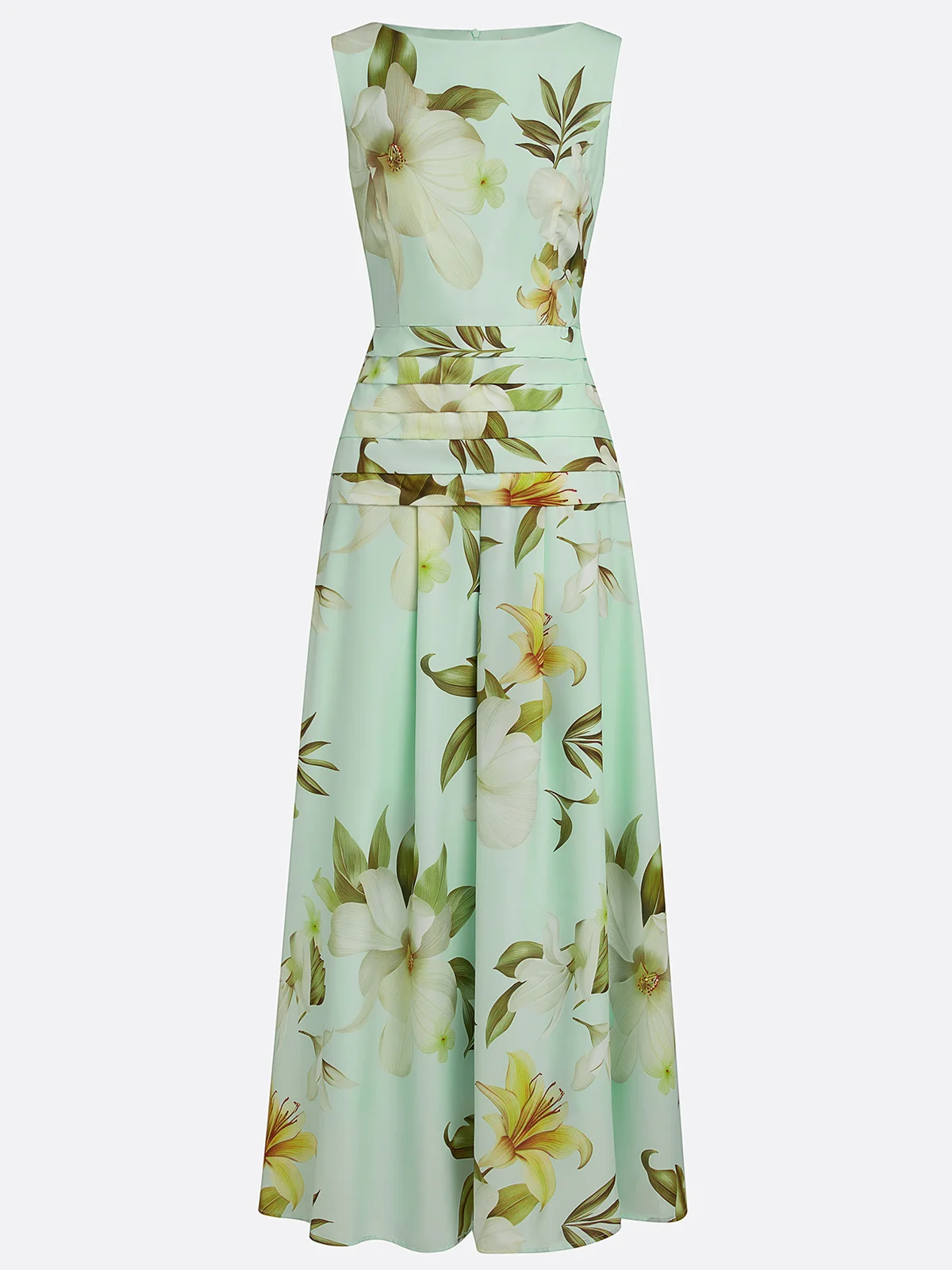 Light Blue Floral Ruched Classic Boat Neck Sleeveless A-Line Floor