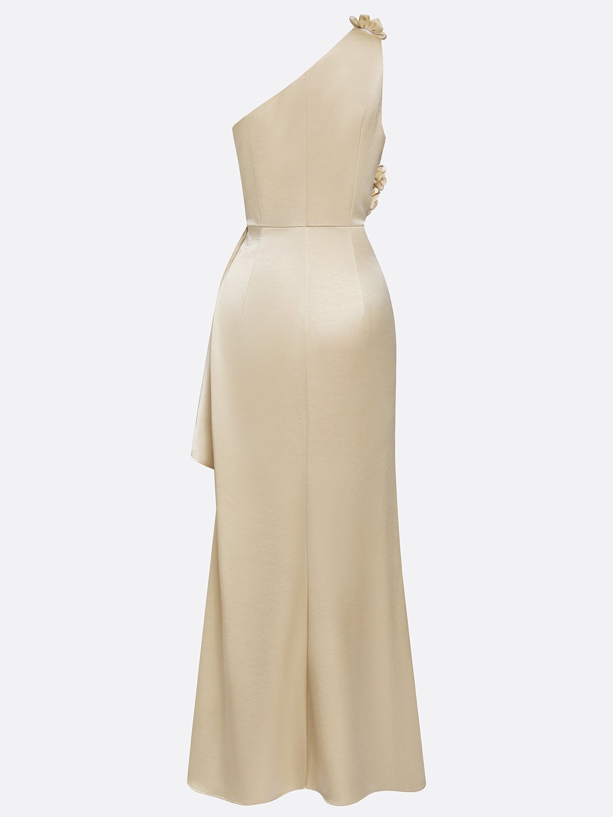 Champagne 3D Floral Ruched Satin One Shoulder Sleeveless Sheath