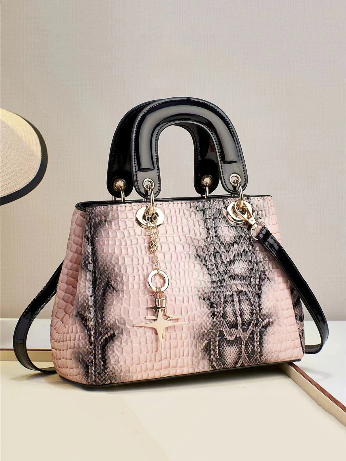 Snakeskin Embossed Meteor Metal Tassel Large-capacity Clutch Bag with Cross-body Strap