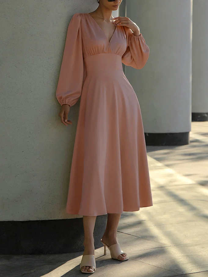 Pink V Neck Long Puff Sleeve A-Line Midi Dress