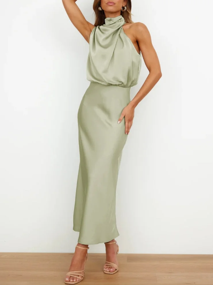 Green Halter High Neck Sleeveless Satin Sheath Midi Dress