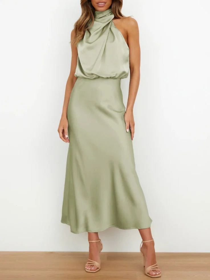 Green Halter High Neck Sleeveless Satin Sheath Midi Dress