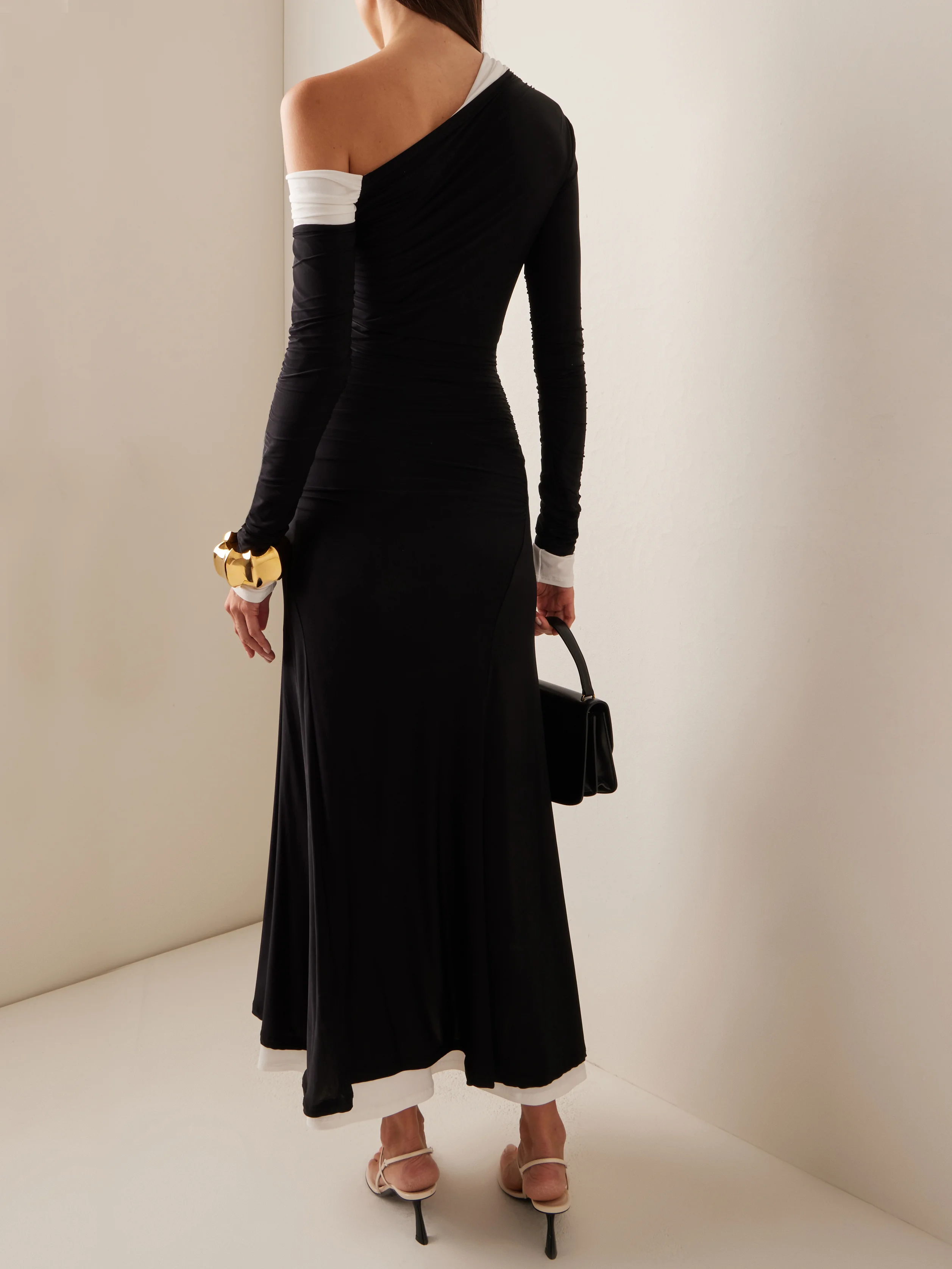 Black Bow One-Shoulder Long Sleeve A-Line Maxi Dress