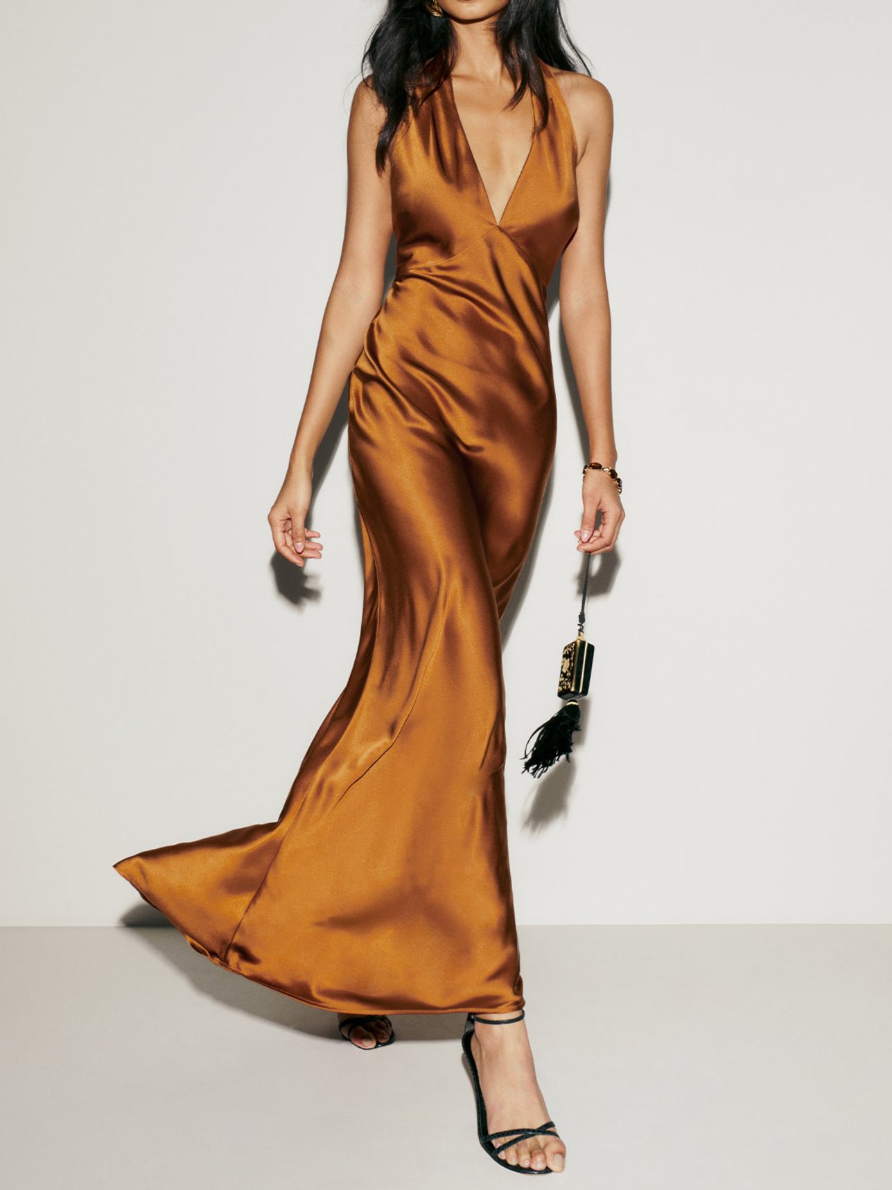 Caramel Halter Backless V Neck Sleeveless Maxi Dress