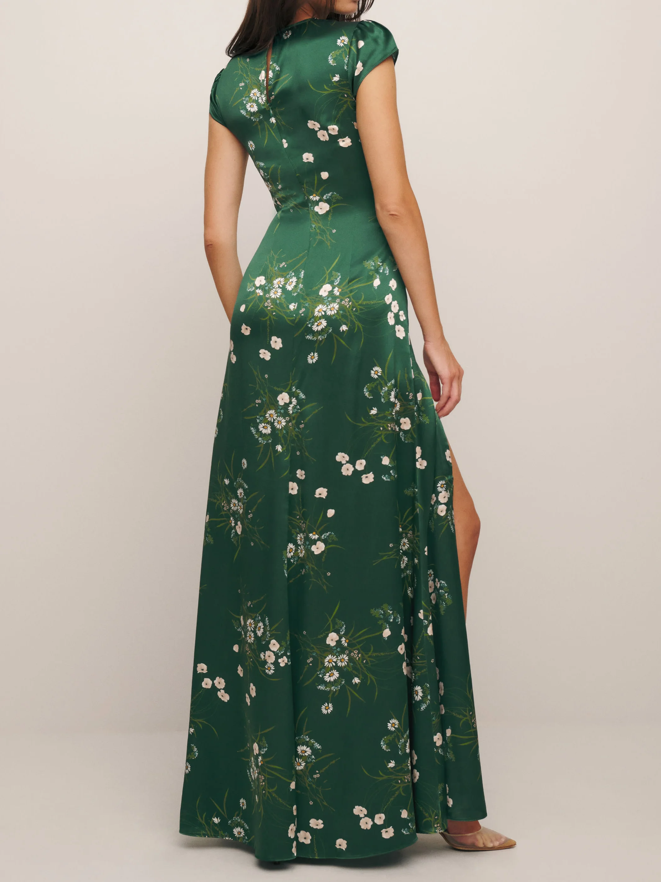 Green Floral Cap Sleeve Slit A-line Maxi Slit Dress