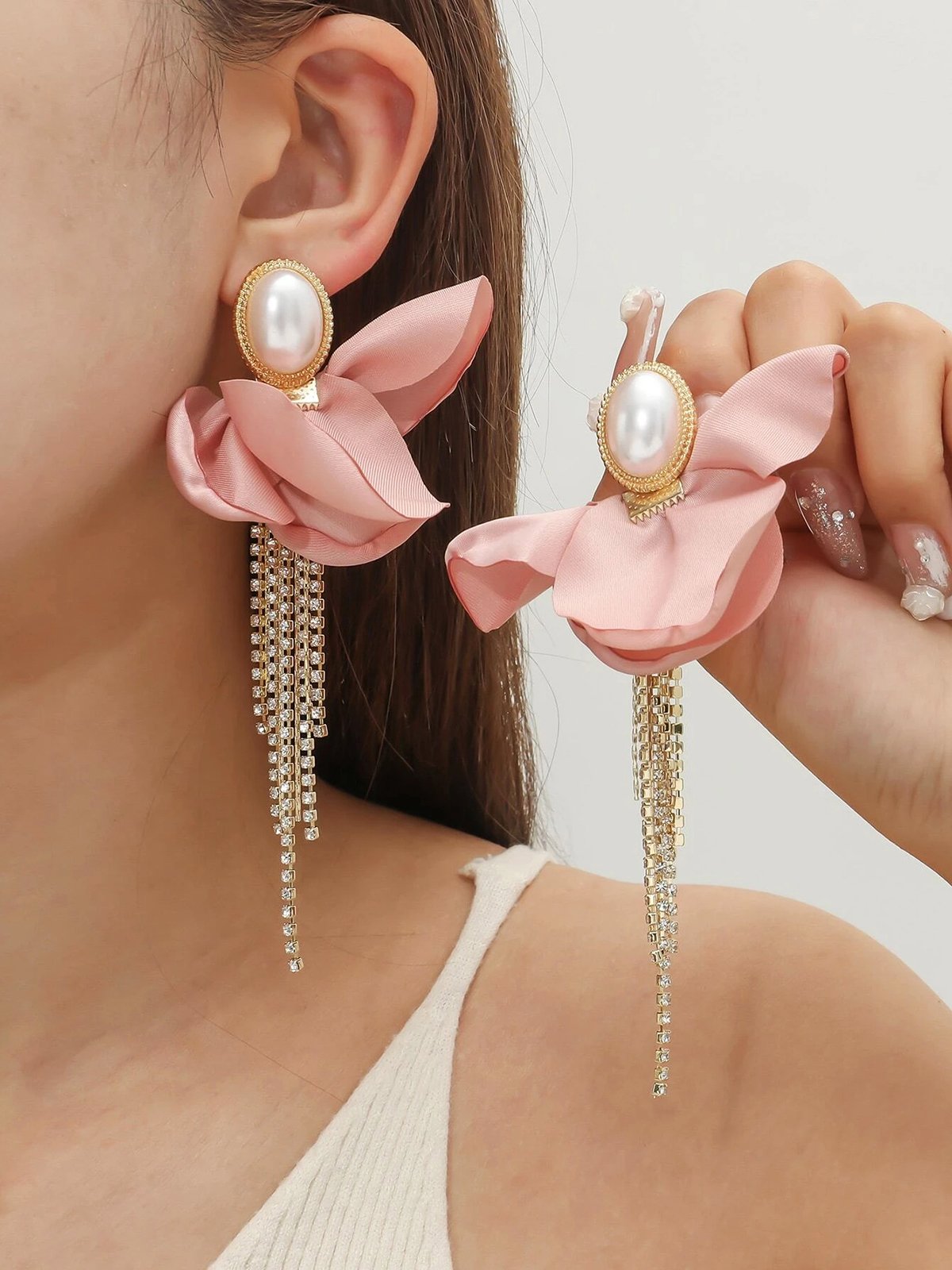 Elegant Pink Flower Imitation Pearl Rhinestone Tassel Drop Earrings