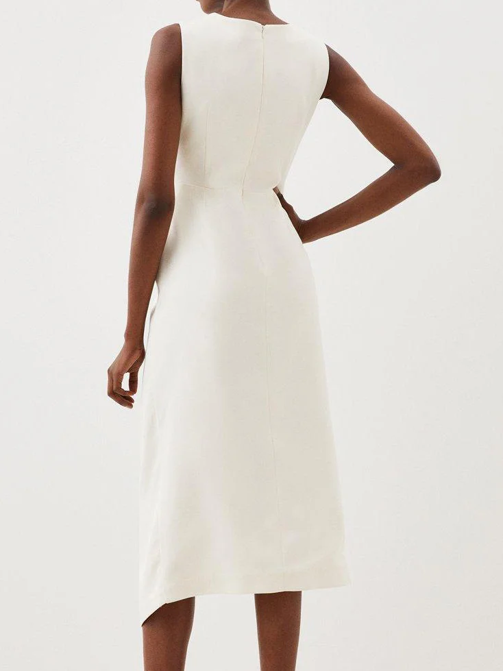 White V Neck Sleeveless Slit Sheath Midi Dress