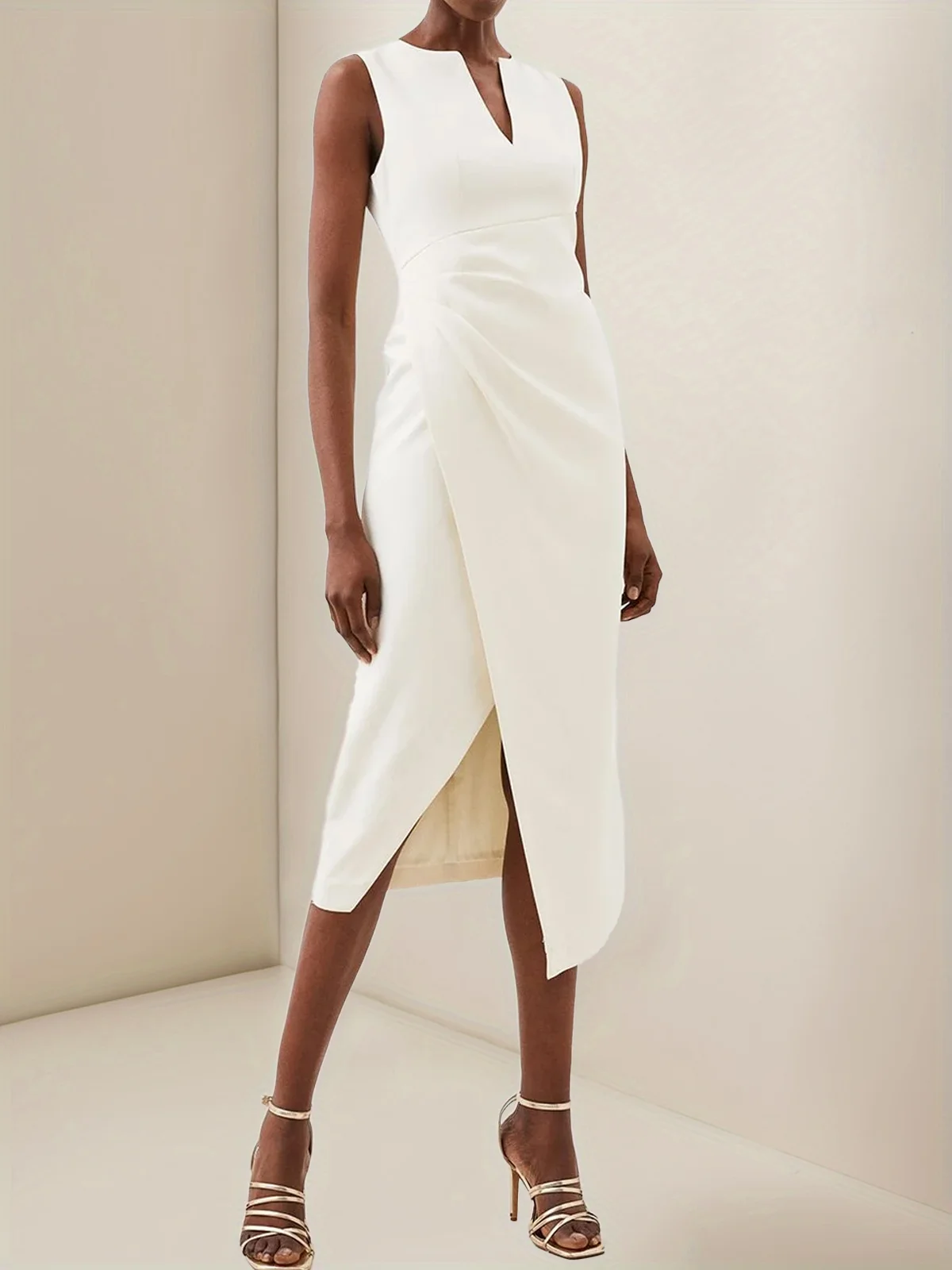 White V Neck Sleeveless Slit Sheath Midi Dress