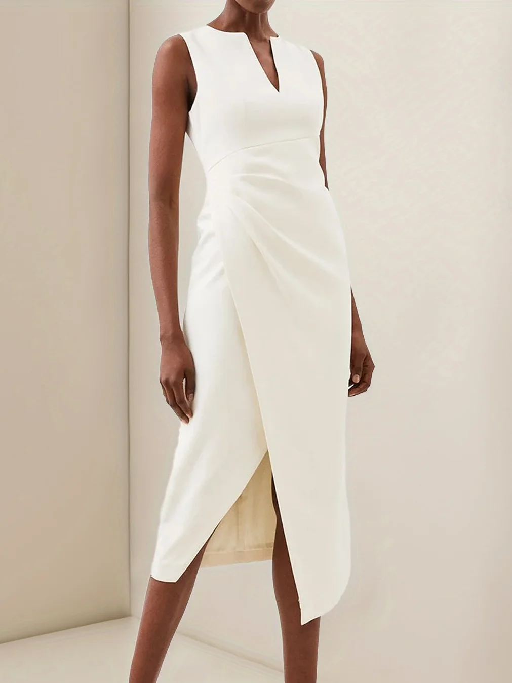 White V Neck Sleeveless Slit Sheath Midi Dress