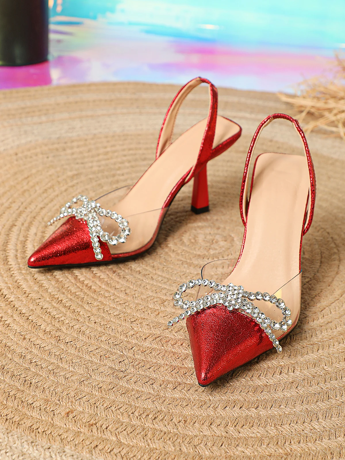 Rhinestone Bowknot PVC Paneled  Party Stiletto Heel Toe-covered  Sandal