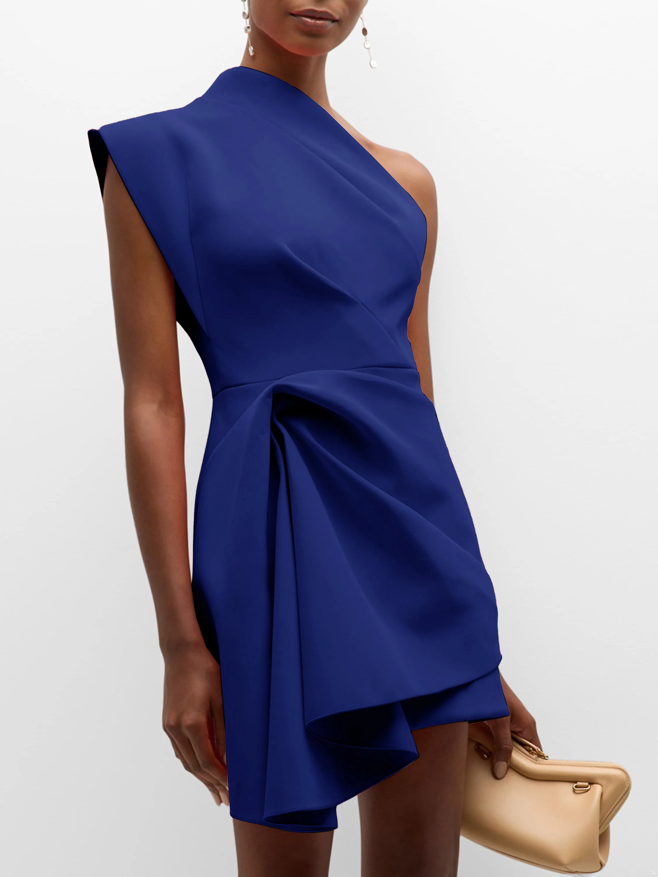 Purplish blue Ruched One Shoulder Sleeveless A-line Mini Dress