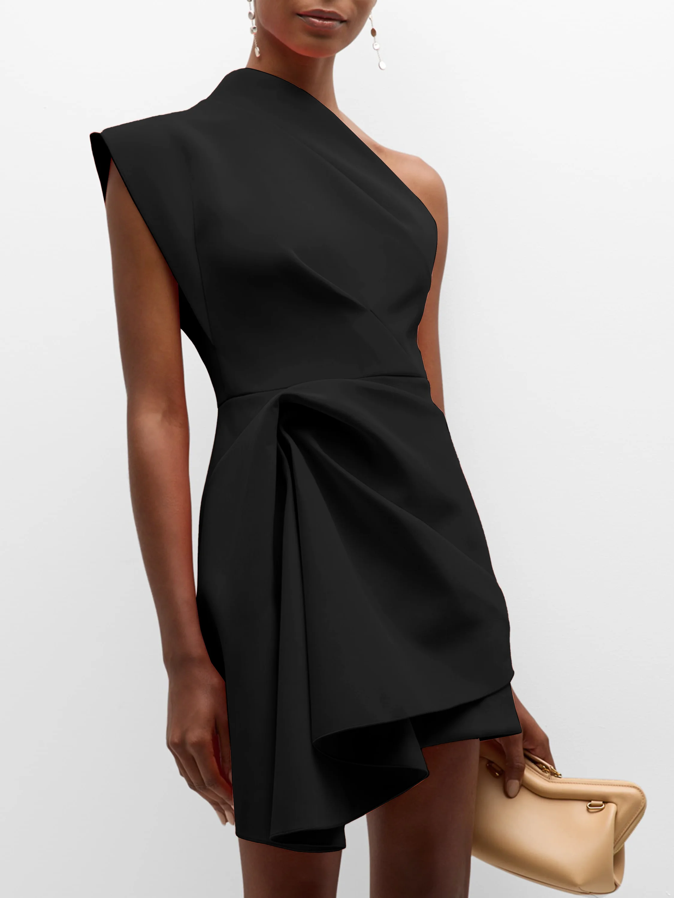 Black Ruched One Shoulder Sleeveless A-Line Mini Dress