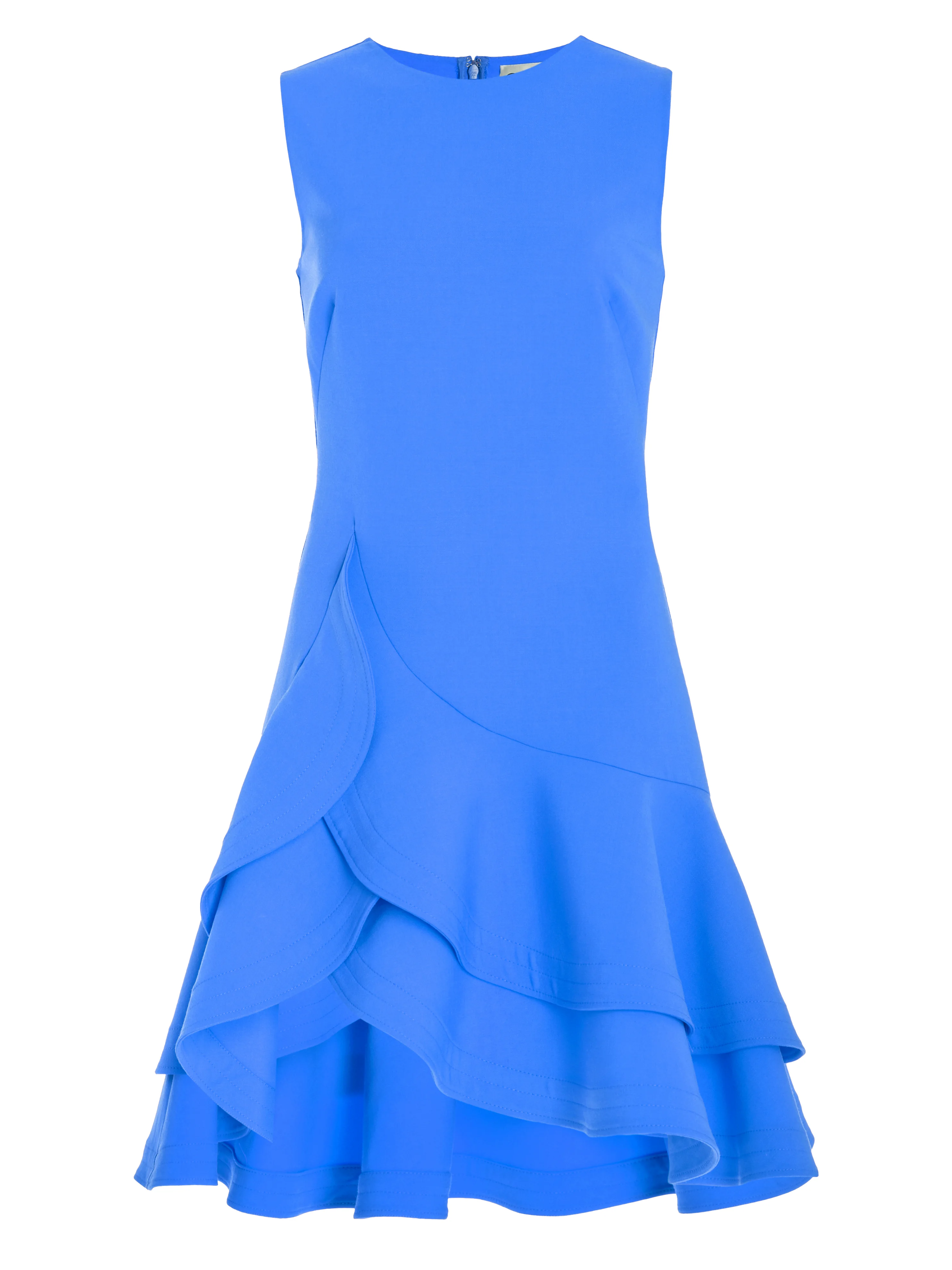 Blue Ruffled Crew Neck Sleeveless A-line Mini Dress