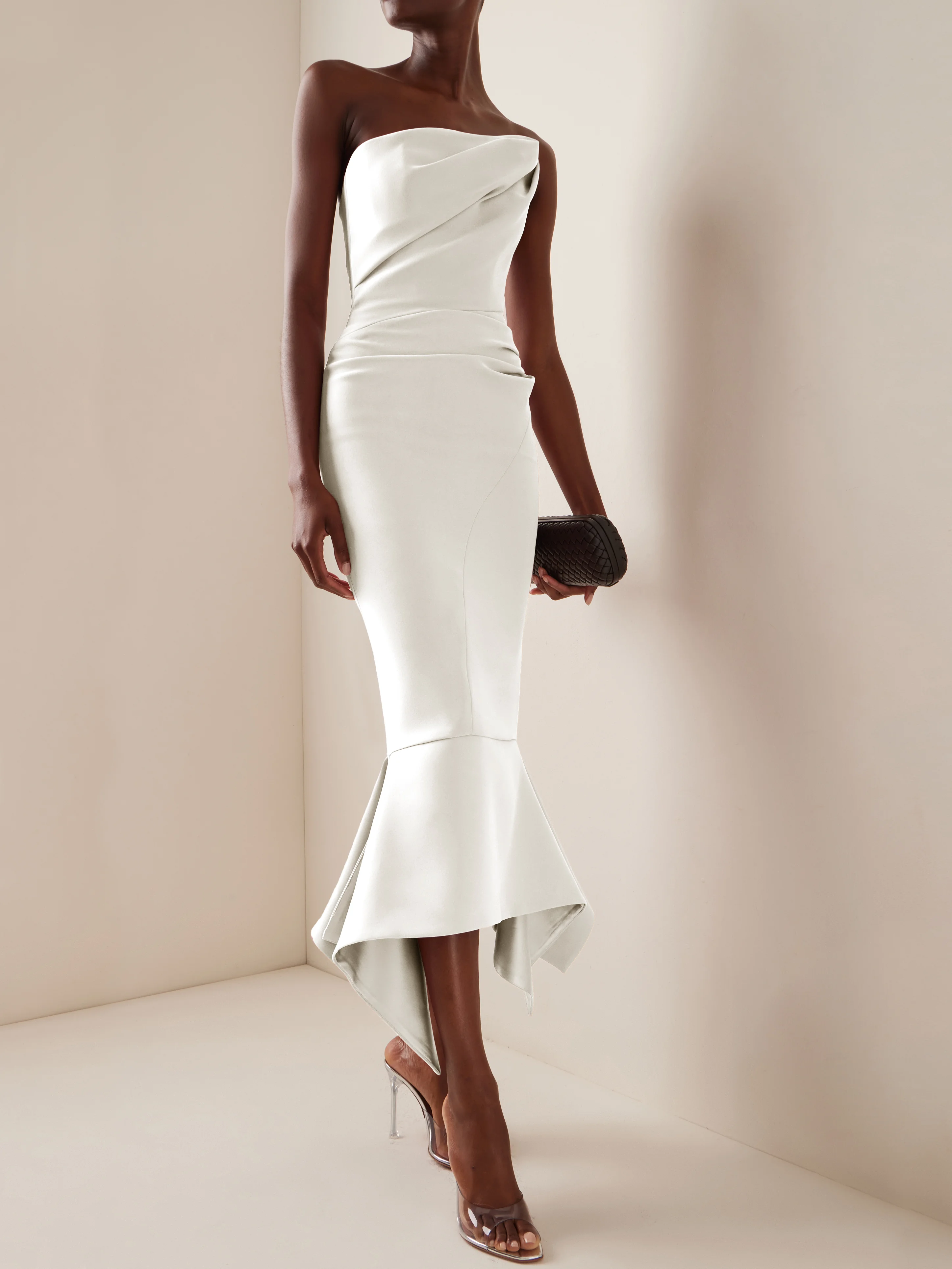 White Strapless Midi Ruched Sheath Dress