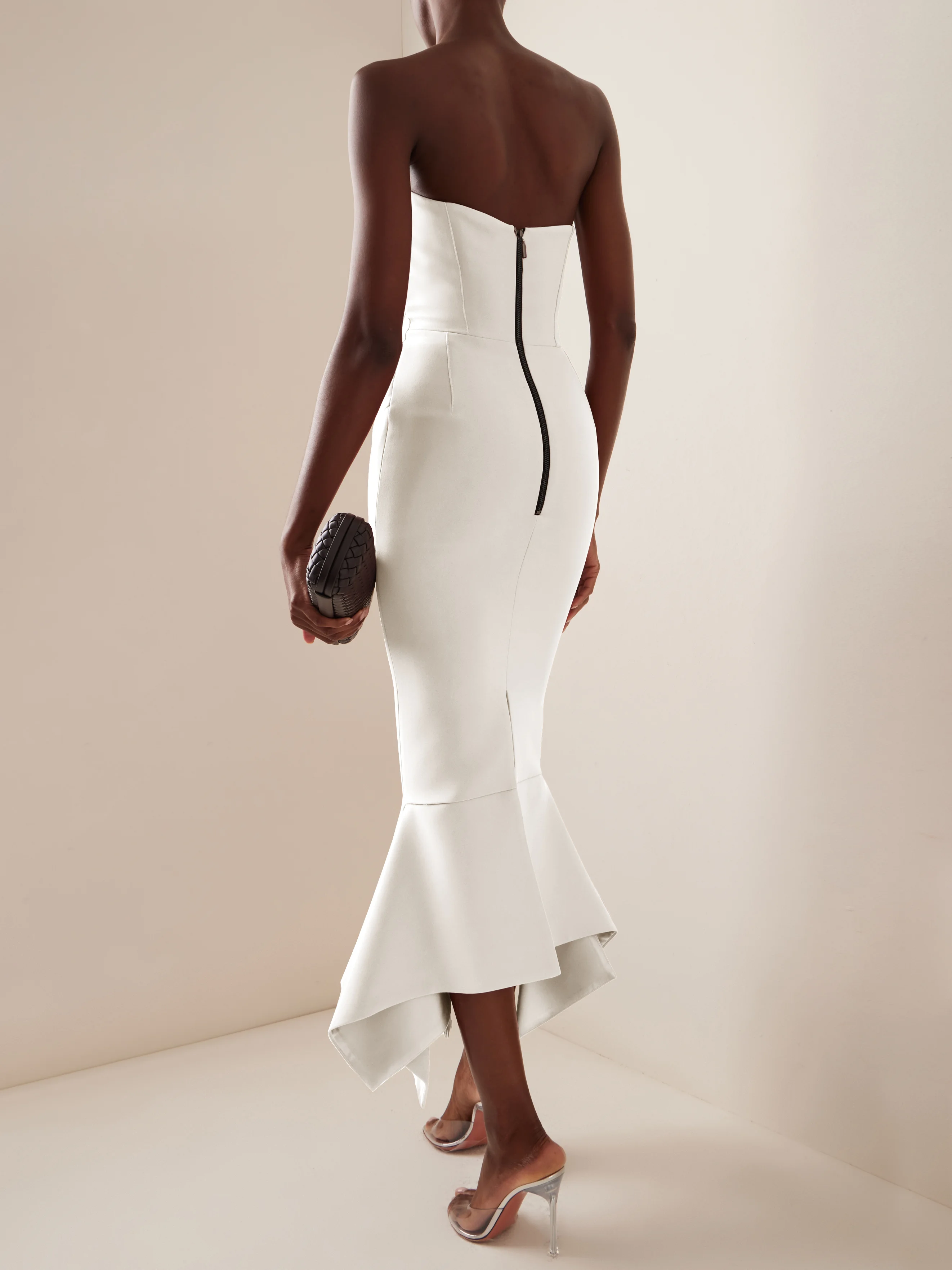 White Strapless Midi Ruched Sheath Dress