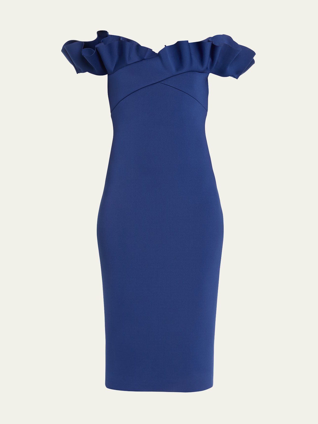 Blue Ruffled Off The Shoulder Sleeveless Midi Sheath Dress