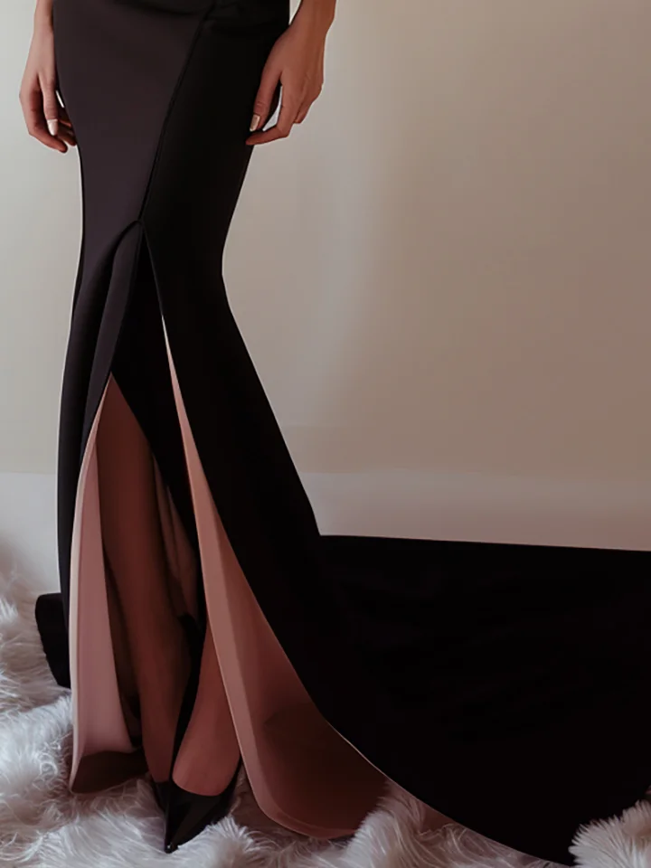 Black-pink Color Block Off The Shoulder Slit Mermaid Gown