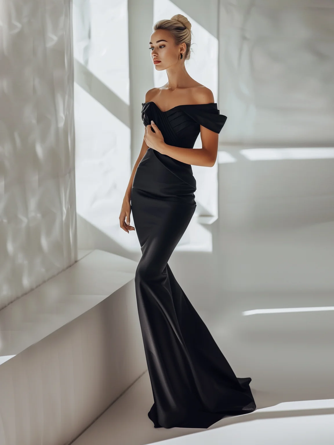 Black Ruched Off The Shoulder Sheath Gown