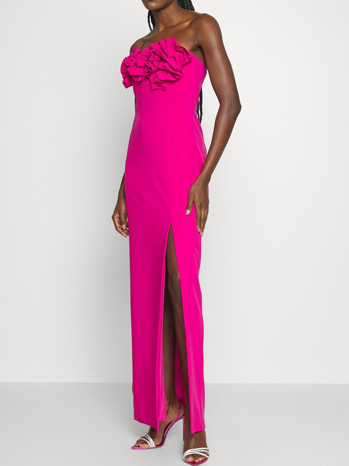 Rose Red Ruffled Strapless Slit Sheath Maxi Dress