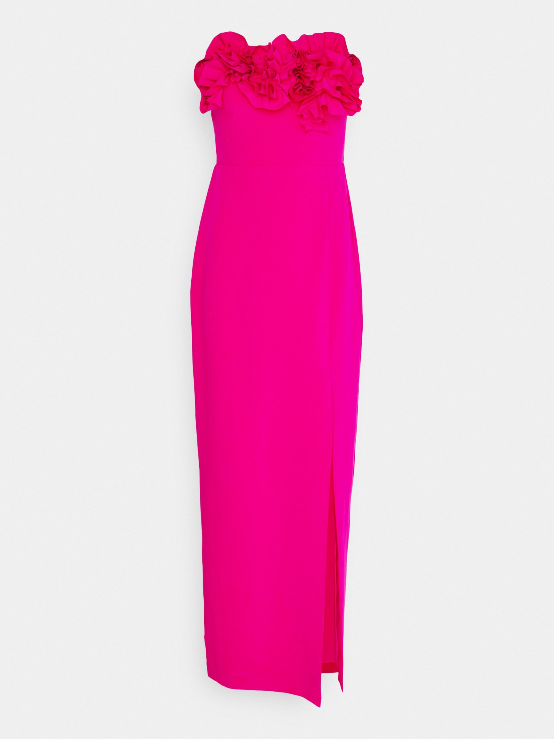 Rose Red Ruffled Strapless Slit Sheath Maxi Dress