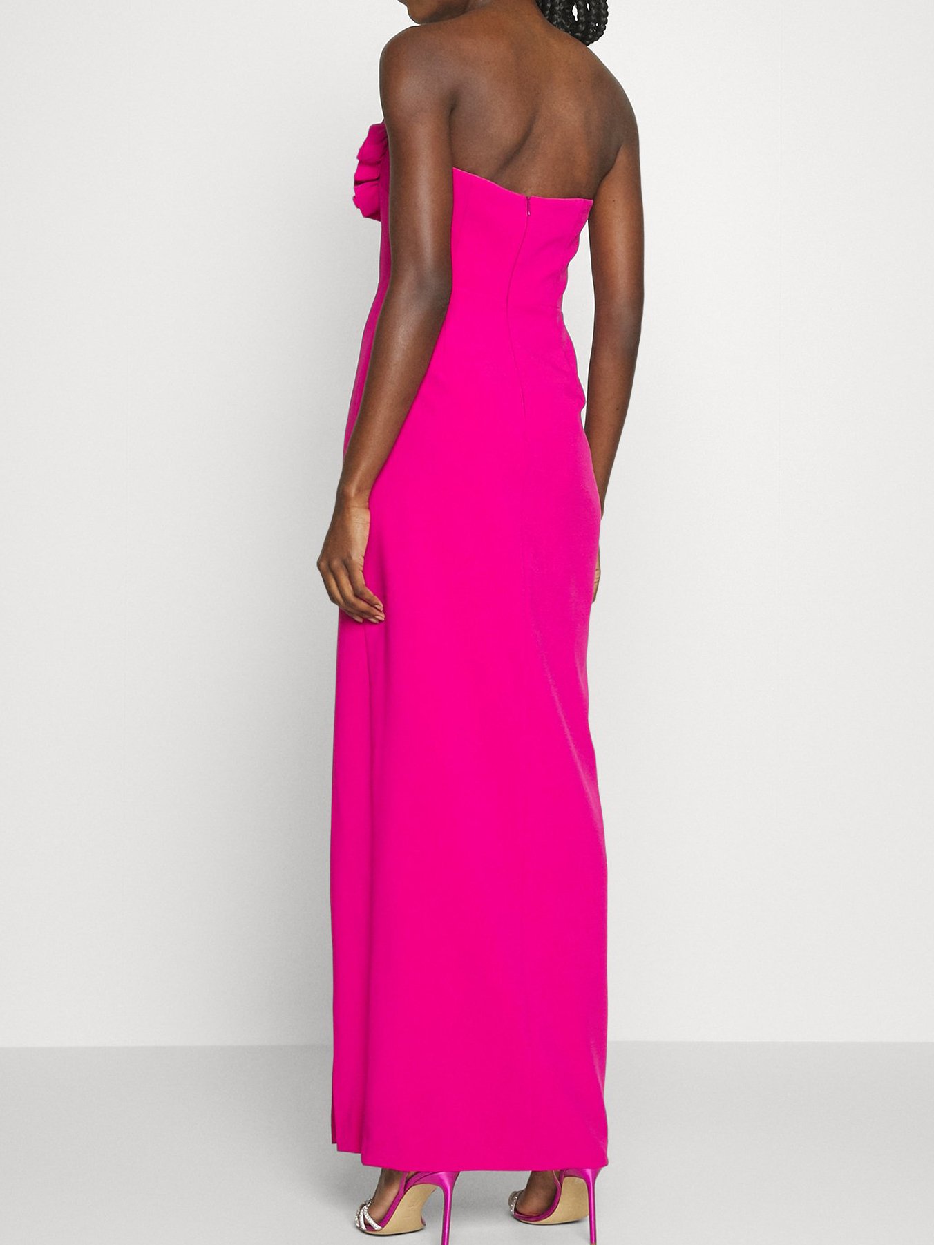 Rose Red Ruffled Strapless Slit Sheath Maxi Dress