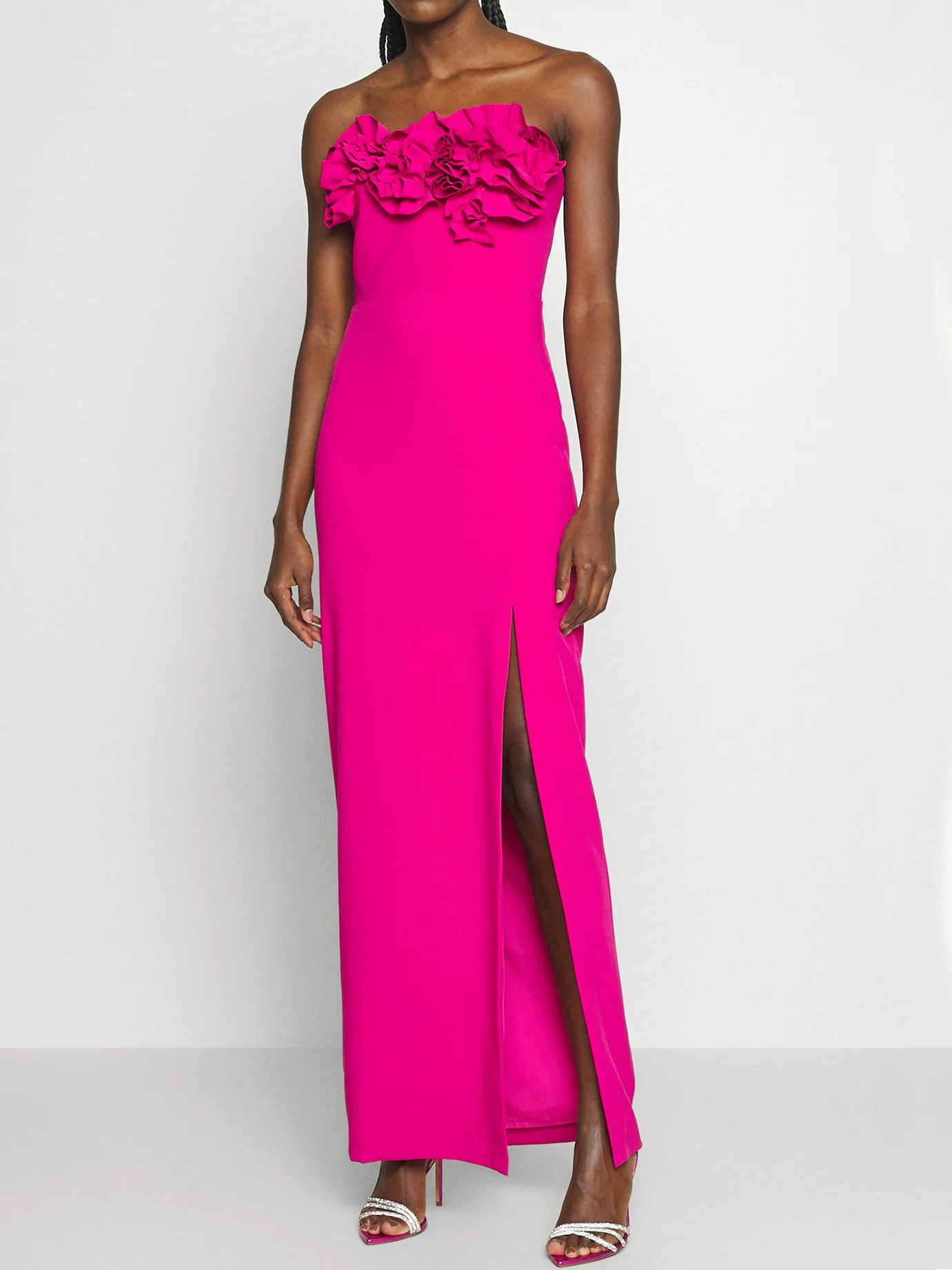 Rose Red Ruffled Strapless Slit Sheath Maxi Dress