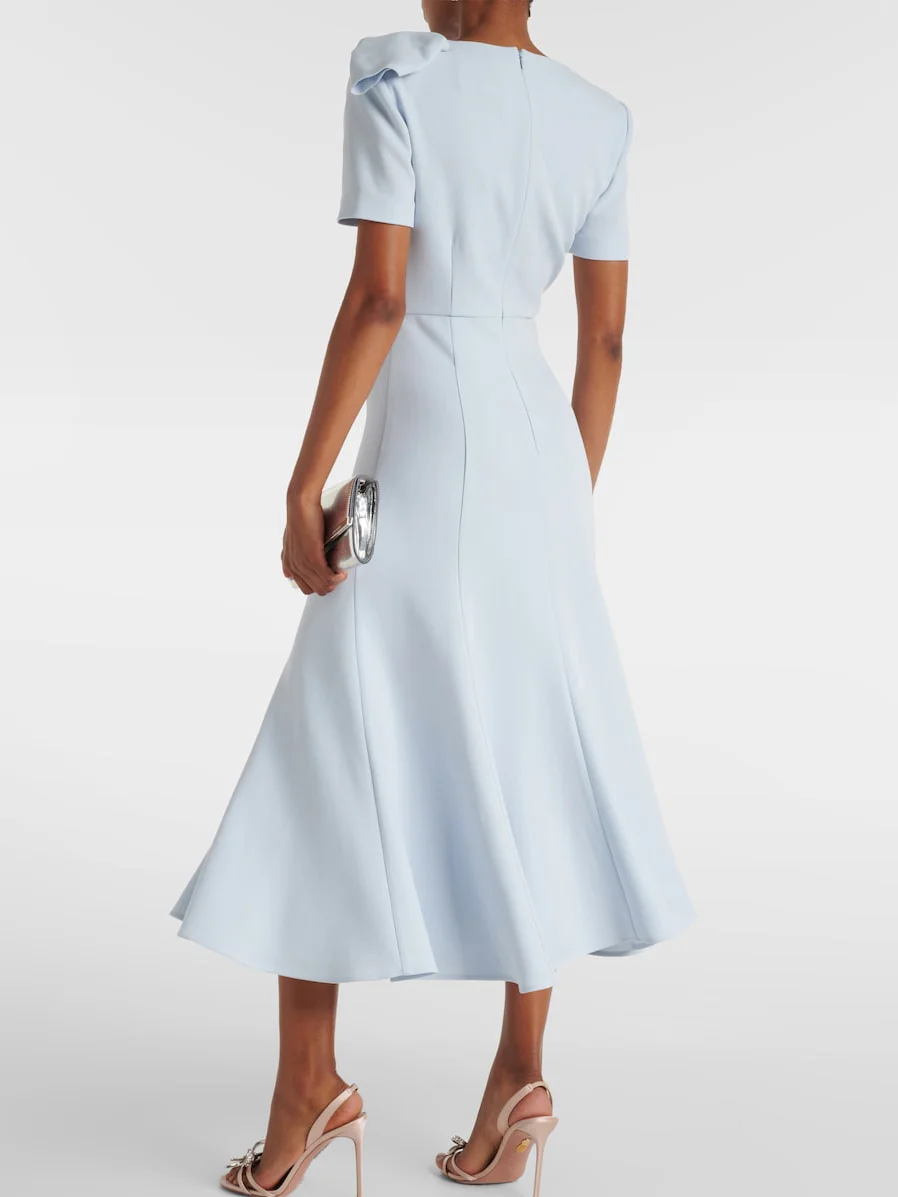 Blue Bow Short Sleeve A-Line Midi Dress