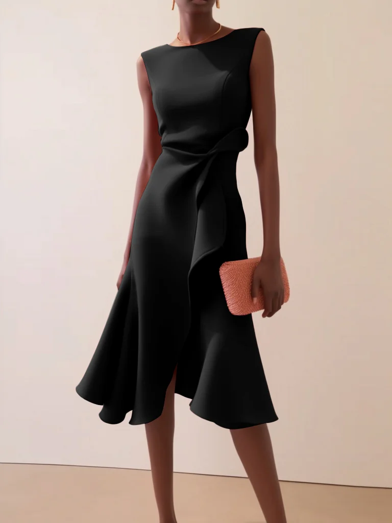 Black Waist Twist Ruffled Sleeveless A-Line Midi Dress