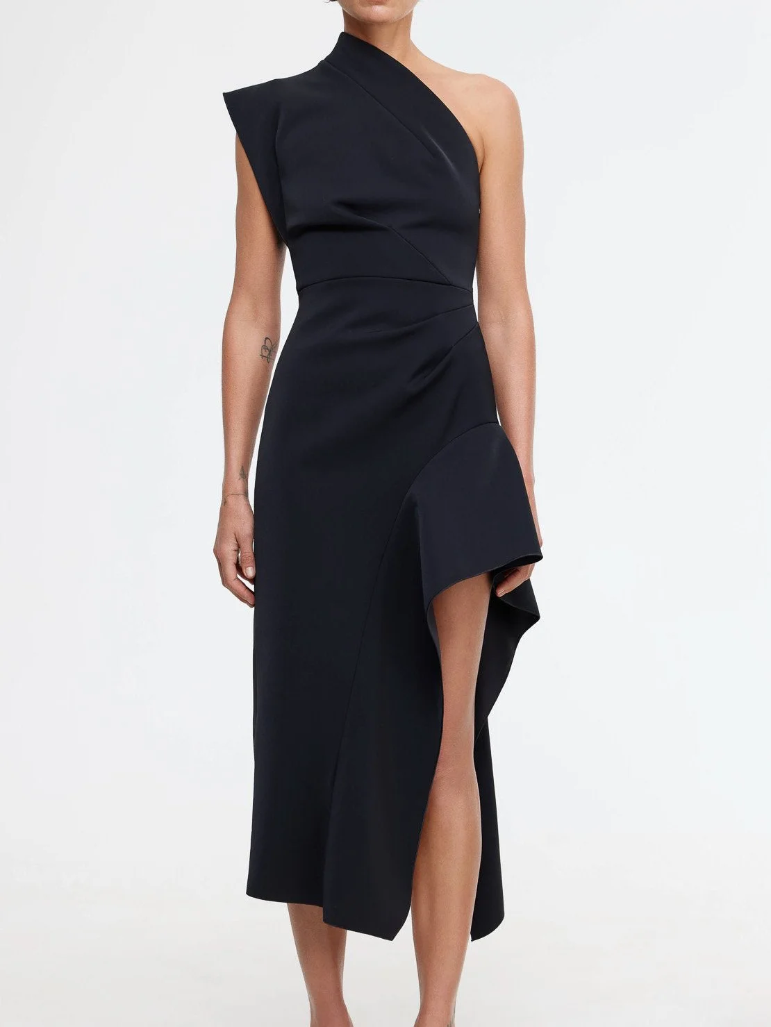 Black One-Shoulder Slit Midi A-Line Dress