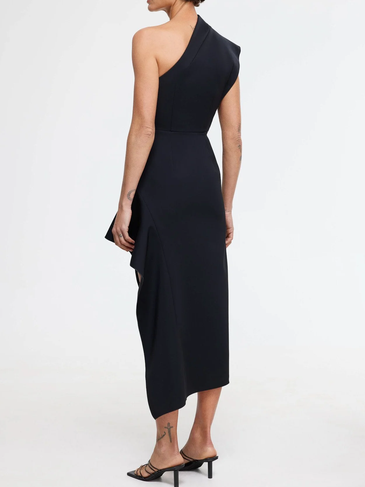 Black One-Shoulder Slit Midi A-Line Dress