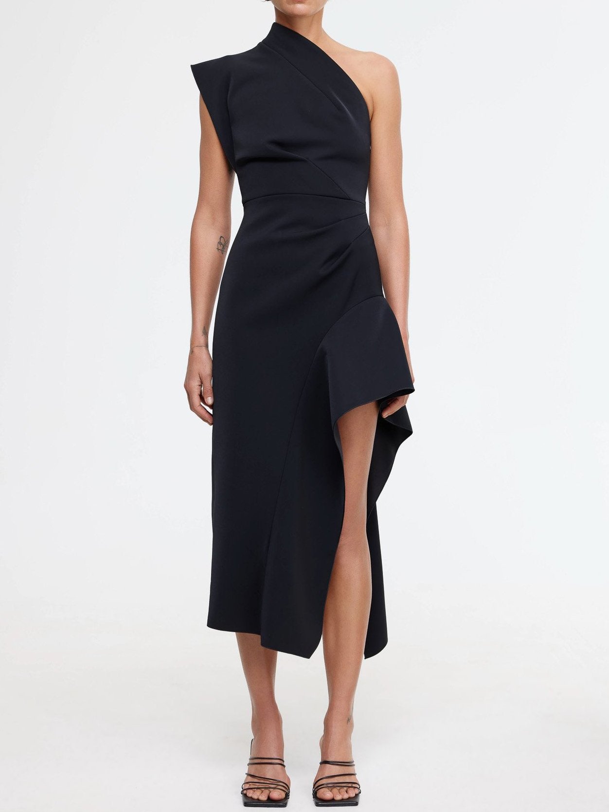 Black One-Shoulder Slit Midi A-Line Dress