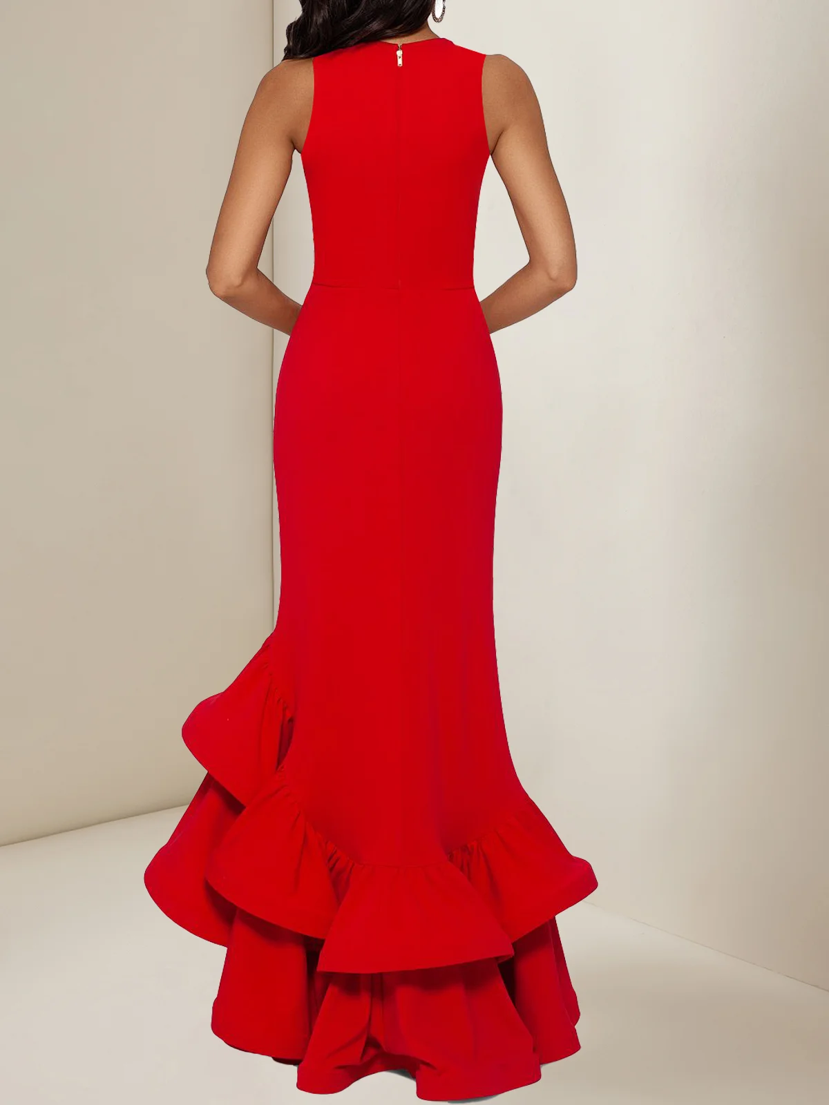 Red Ruffled Sleeveless Slit A-Line Gown