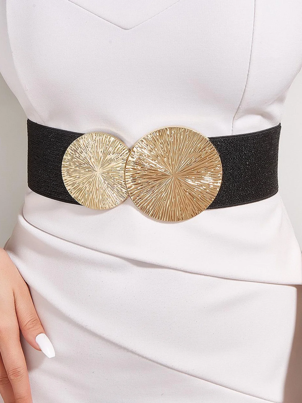 Round Golden Buckle Elastic Wide Belt Elegant Dress Coat Girdle | fehaute
