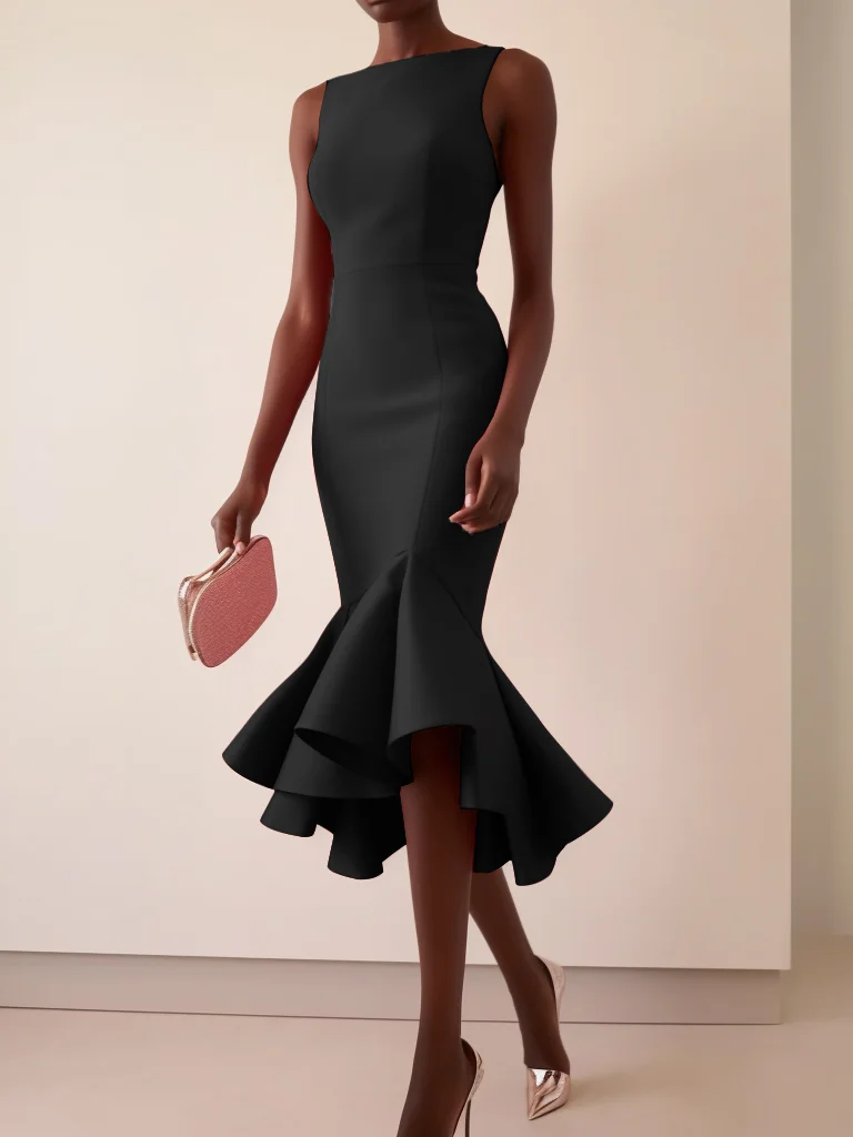 Black Sleeveless Mermaid Midi Dress