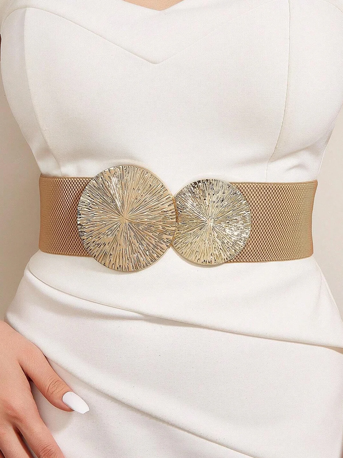 Round Golden Buckle Elastic Wide Belt Elegant Dress Coat Girdle