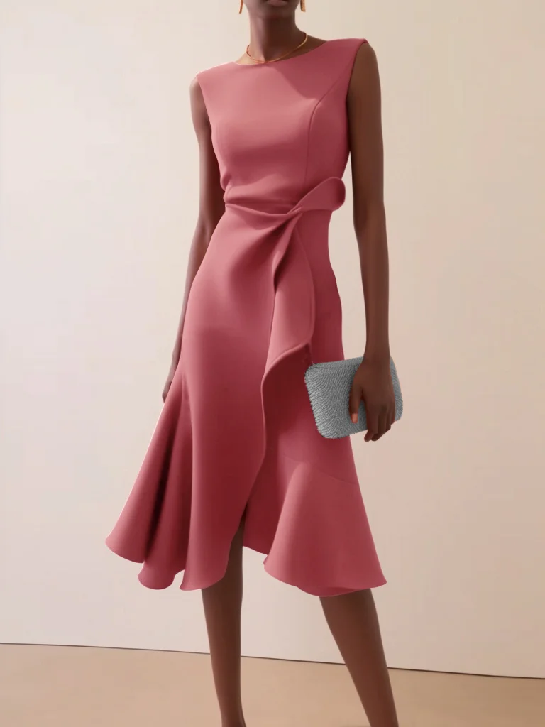 Pink Waist Twist Ruffled Sleeveless A-Line Midi Dress