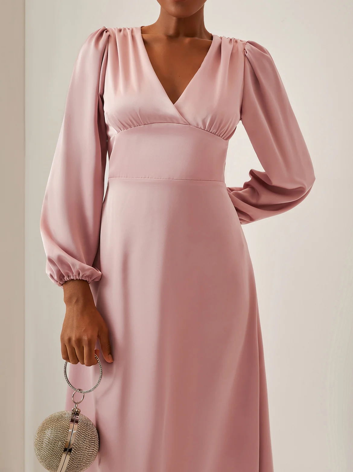 Regular Fit Silk Satin Simple Ruched Dress - Pink / Blue / Purple / Black