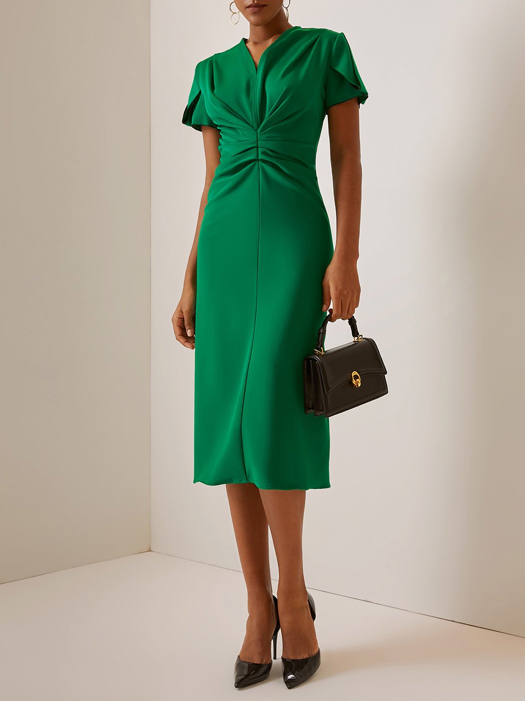 Green Ruched Short Sleeve Sheath Midi Dress