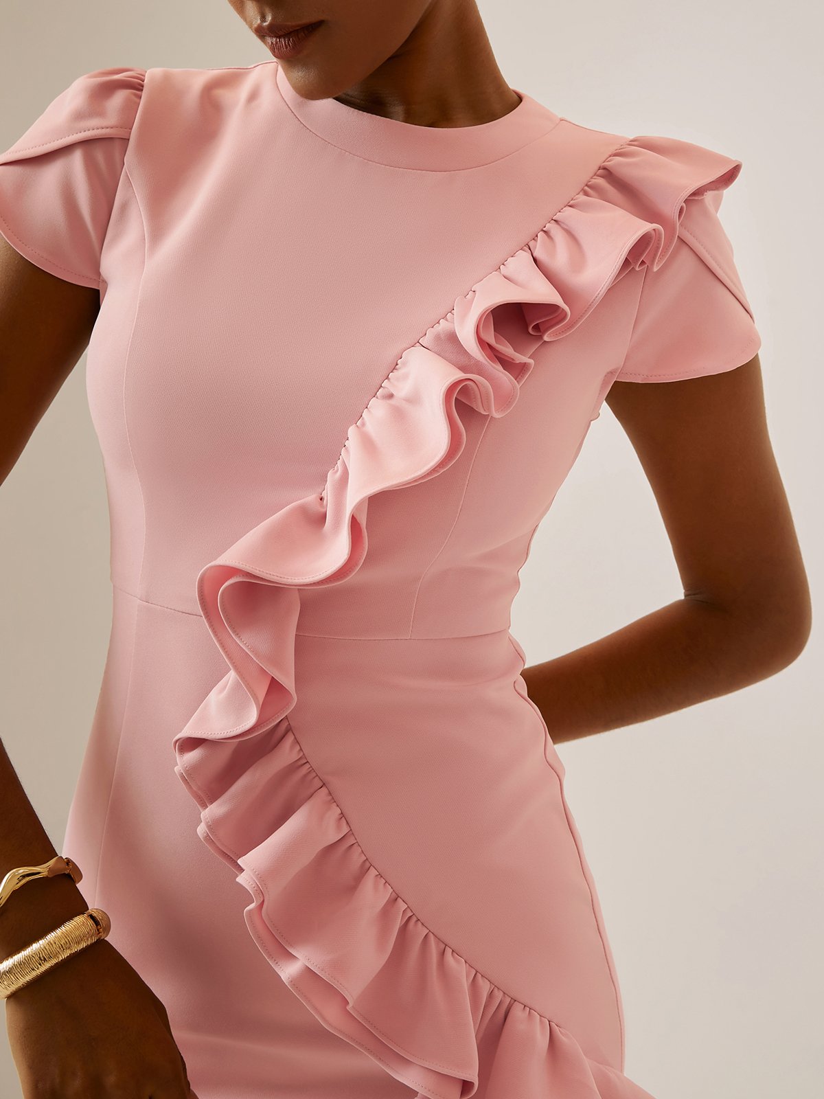 Pink Ruffled Short Sleeve Sheath Mini Dress