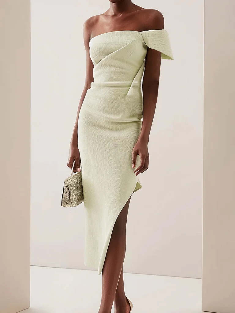 Green Off The Shoulder Slit Sheath Midi Dress