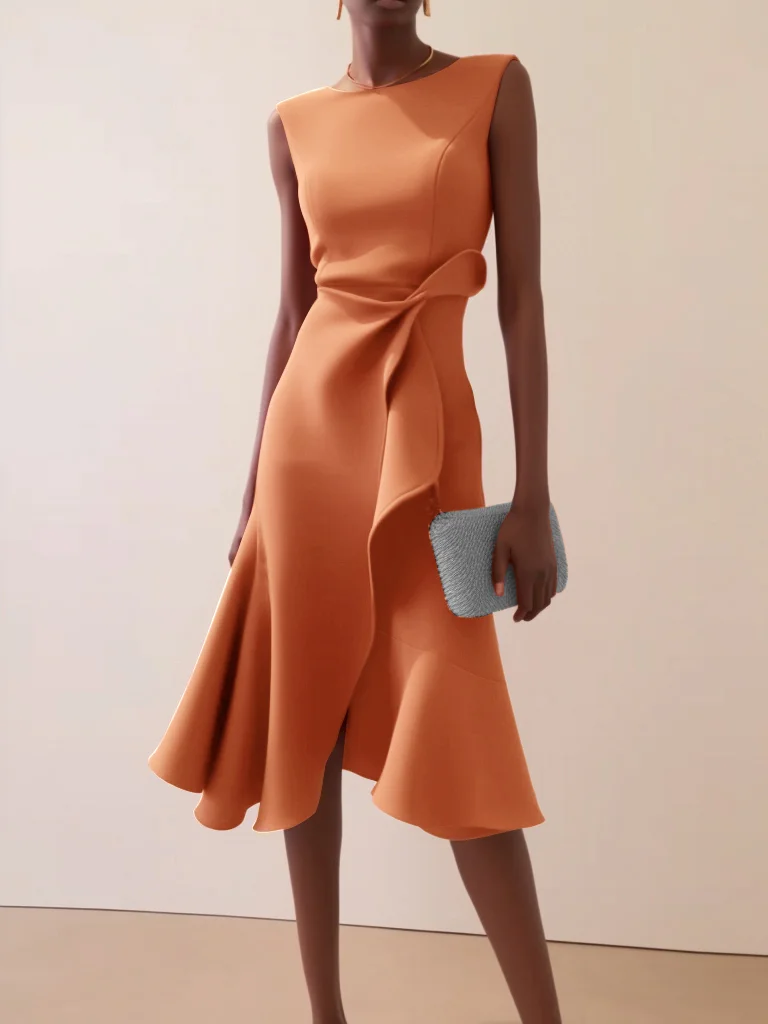 Orange Waist Twist Ruffled Sleeveless A-Line Midi Dress