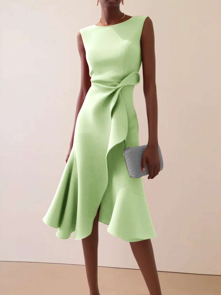 Light Green Waist Twist Ruffled Sleeveless A-Line Midi Dress