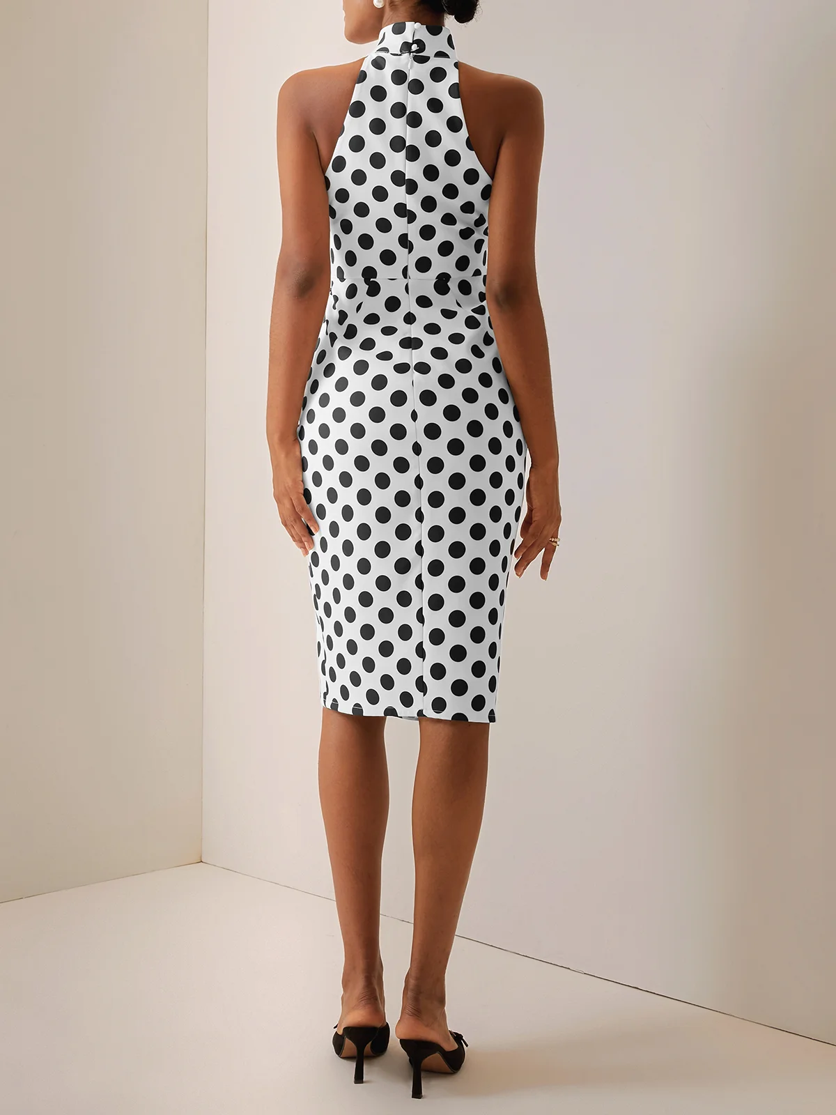 Black-white Halter Polka Dots Sheath Midi Dress