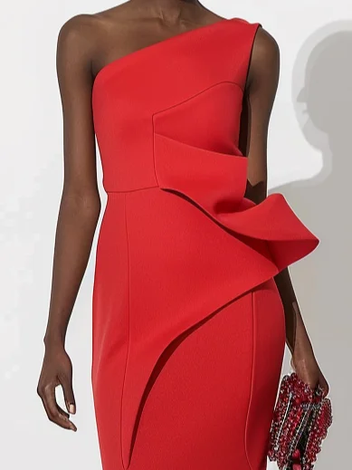 Red One-Shoulder Ruched Asymmetrical Maxi Dress