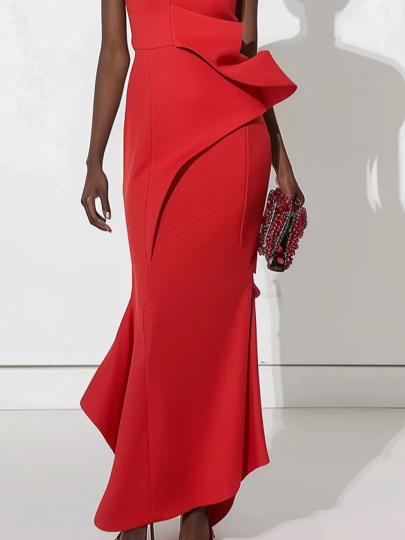 Red One-Shoulder Ruched Asymmetrical Maxi Dress