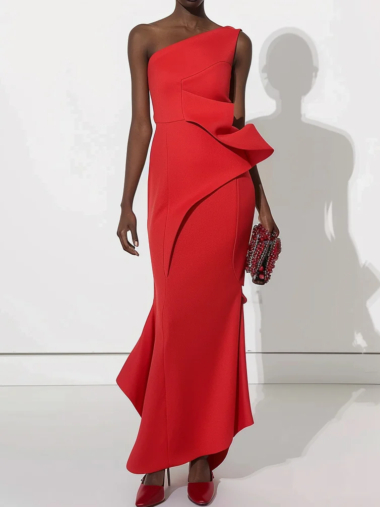 Red Ruched One Shoulder Sleeveless Sheath Maxi Dress