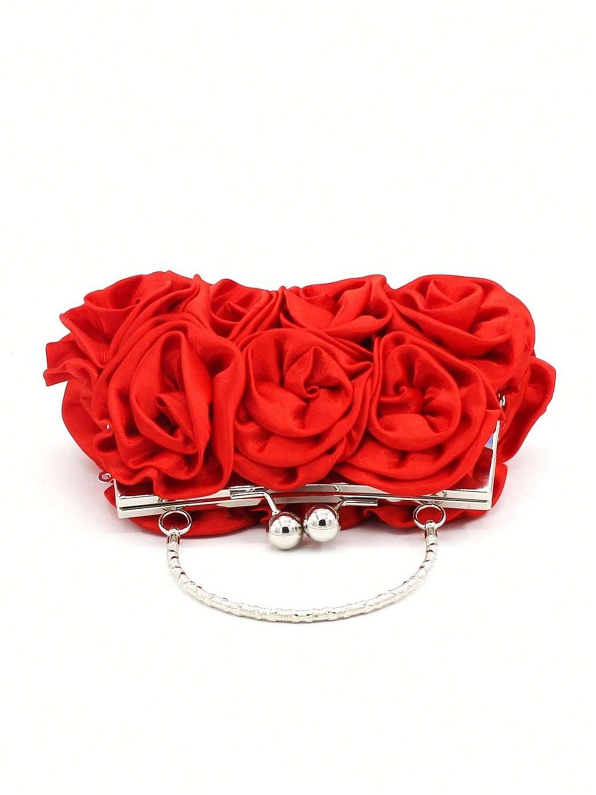 Elegent Flower Decorated Satin Metal Handle Evening Clutch with Chain Strap